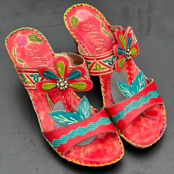 Corkys Elite Artsy Mule Heels Red Leather Floral Slip On Heeled Sandal Size 9 - Picture 4 of 16